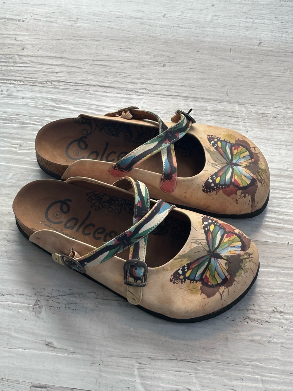Calceo Butterfly Tan Clog Mules with Double Strap Women’s Size EU 39